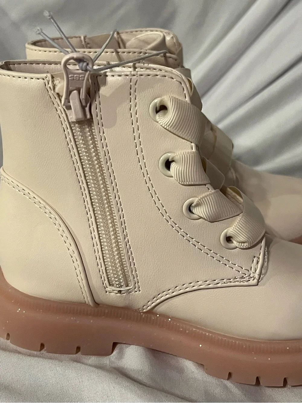 Girls Cream Pink Lace-Up Ankle Boots with Heart & Bow Studs